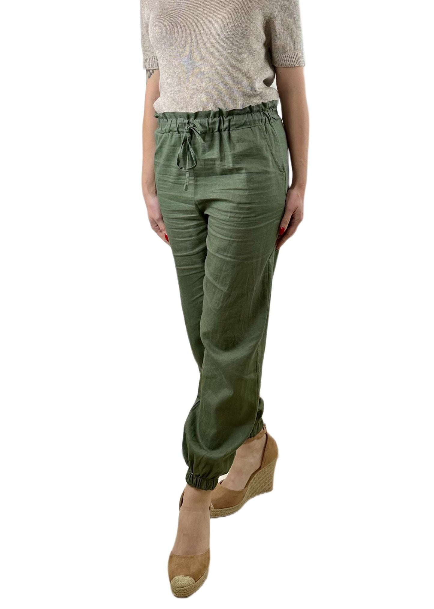 PANTALONE MIX LINO LUNGO VERDE MILITARE