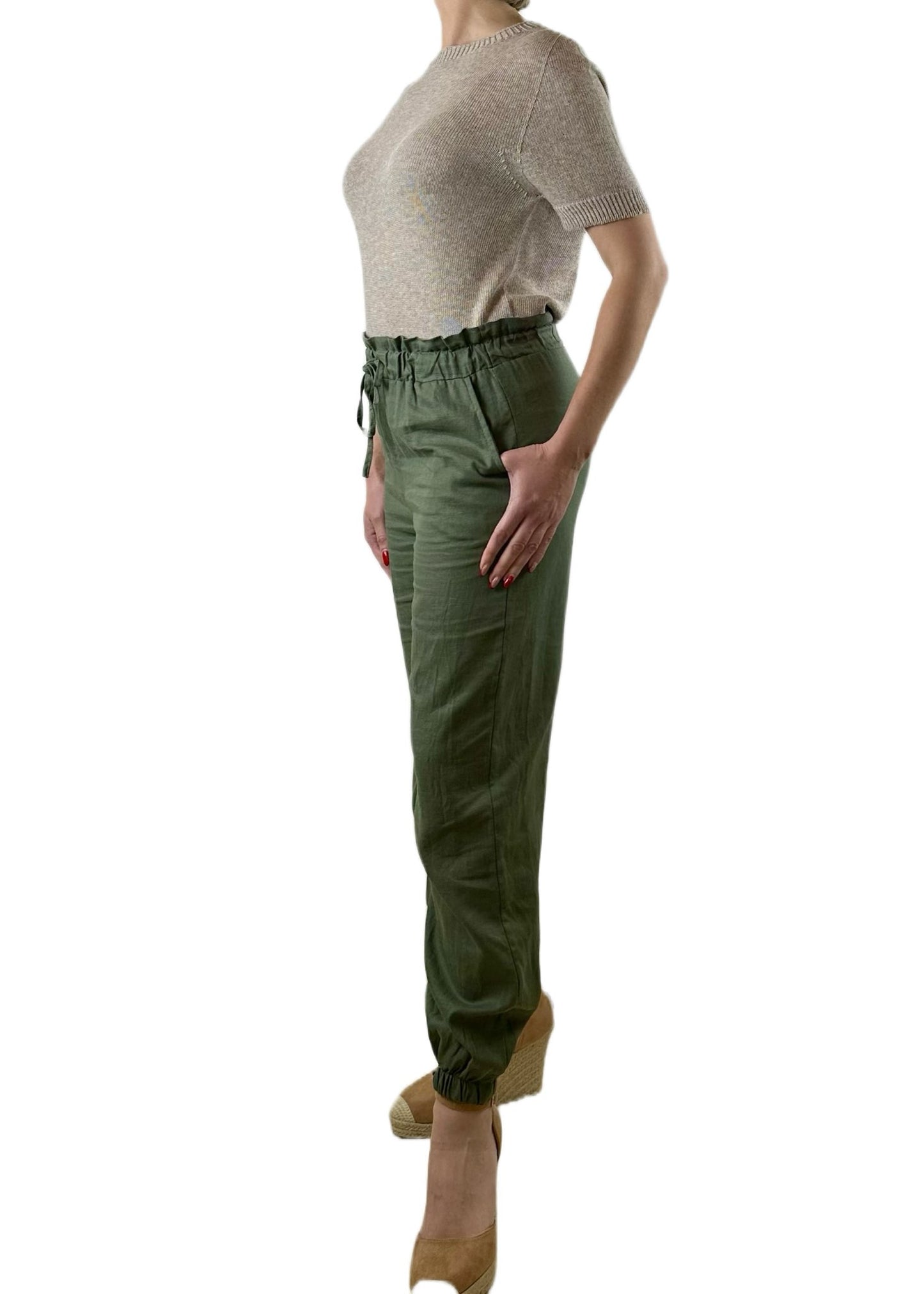 PANTALONE MIX LINO LUNGO VERDE MILITARE