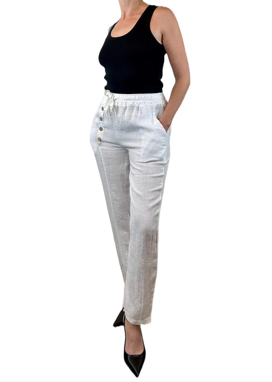 PANTALONE LINO BIANCO CON BOTTONI LATERALI LEGNO