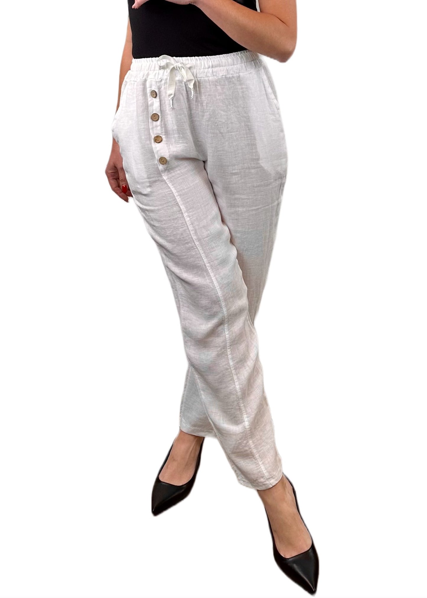 PANTALONE LINO BIANCO CON BOTTONI LATERALI LEGNO