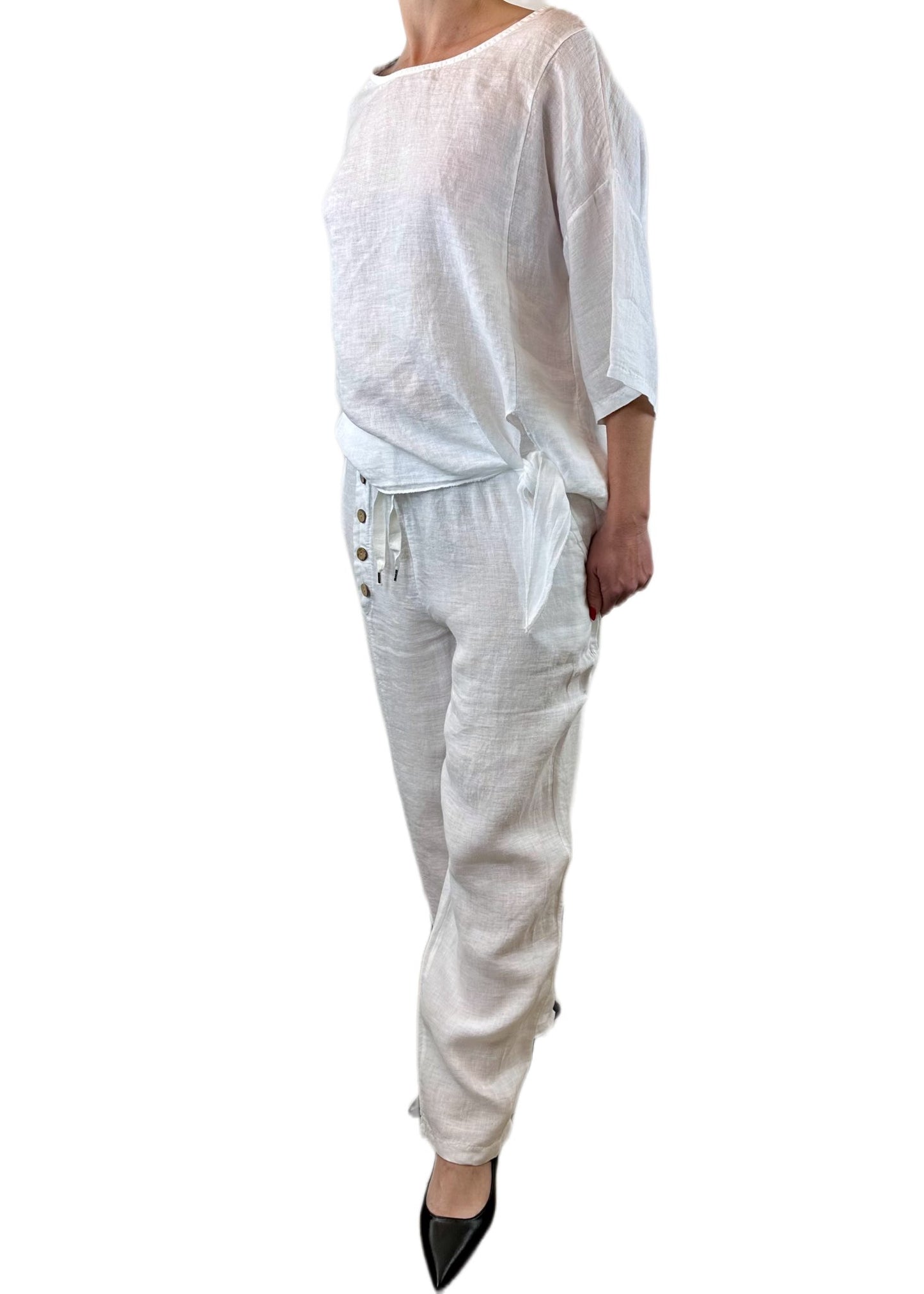 PANTALONE LINO BIANCO CON BOTTONI LATERALI LEGNO