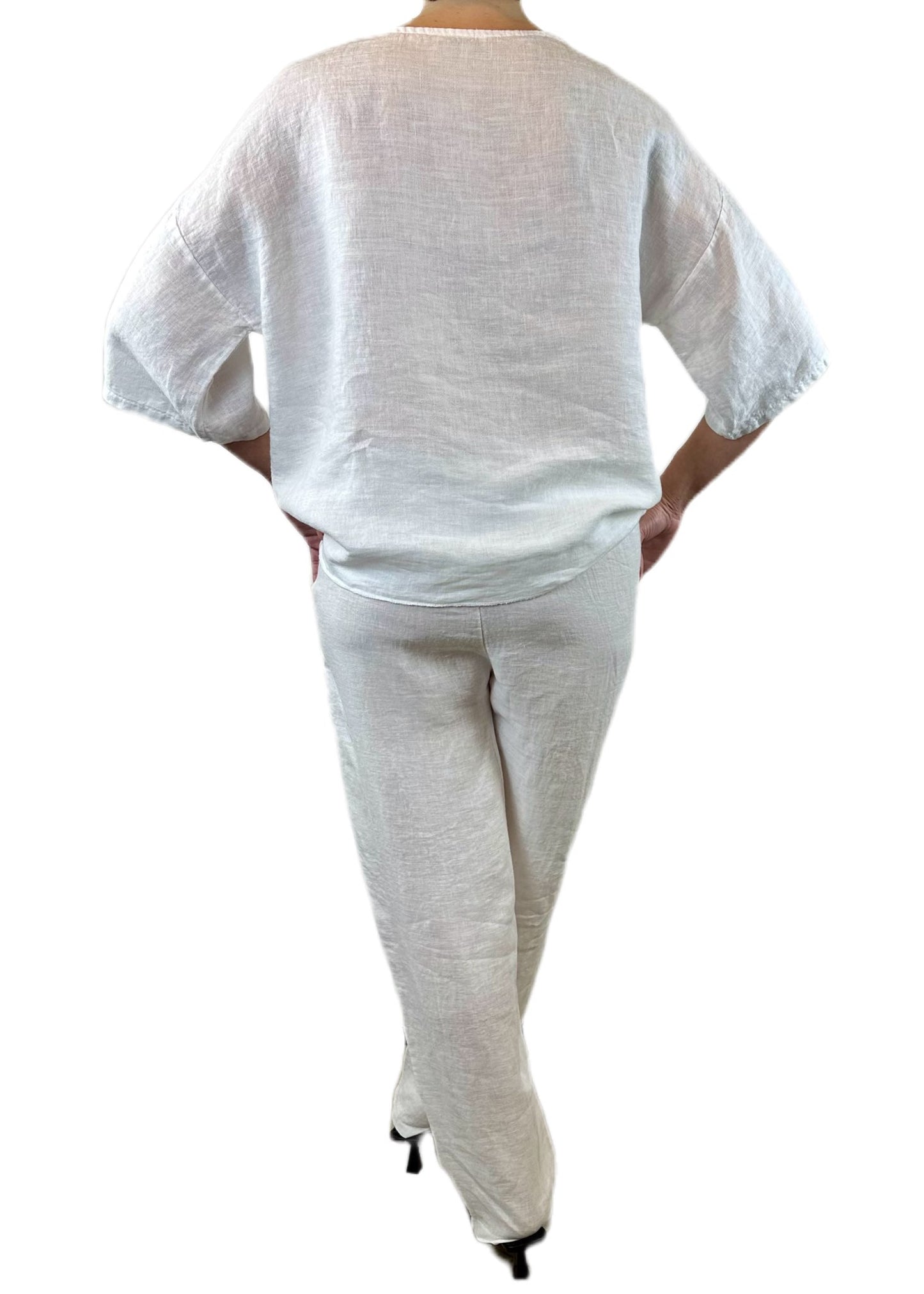 PANTALONE LINO BIANCO CON BOTTONI LATERALI LEGNO