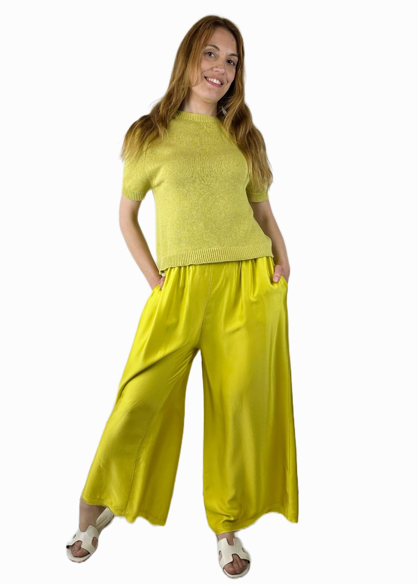 PANTALONE PALAZZO MISTO SETA LIME