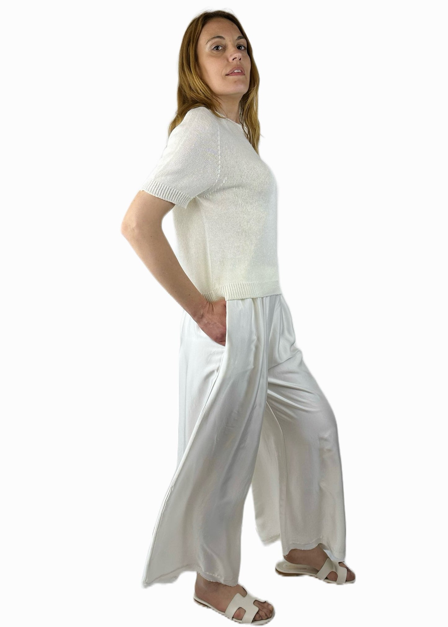 PANTALONE PALAZZO MISTO SETA BIANCO