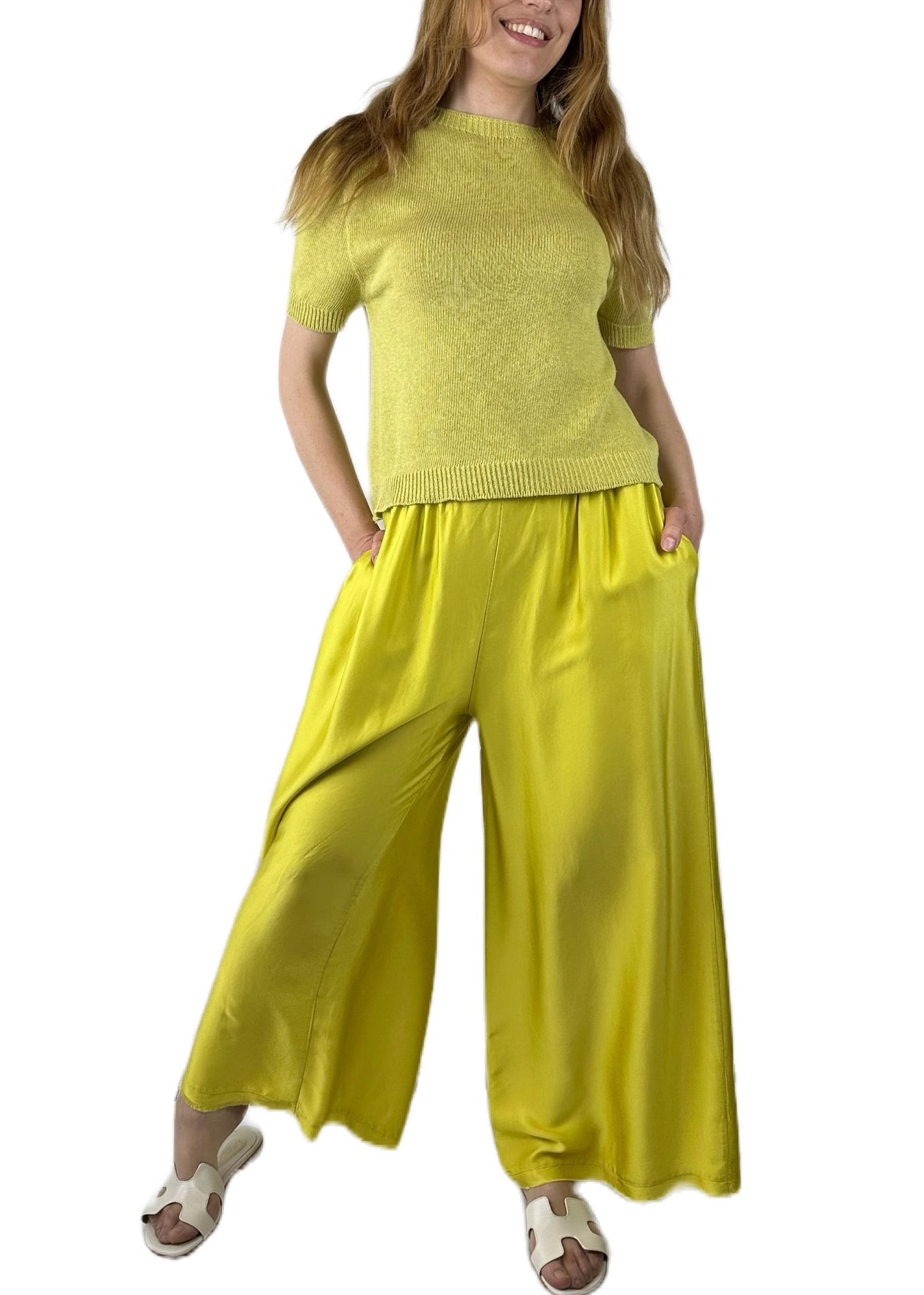 PANTALONE PALAZZO MISTO SETA LIME