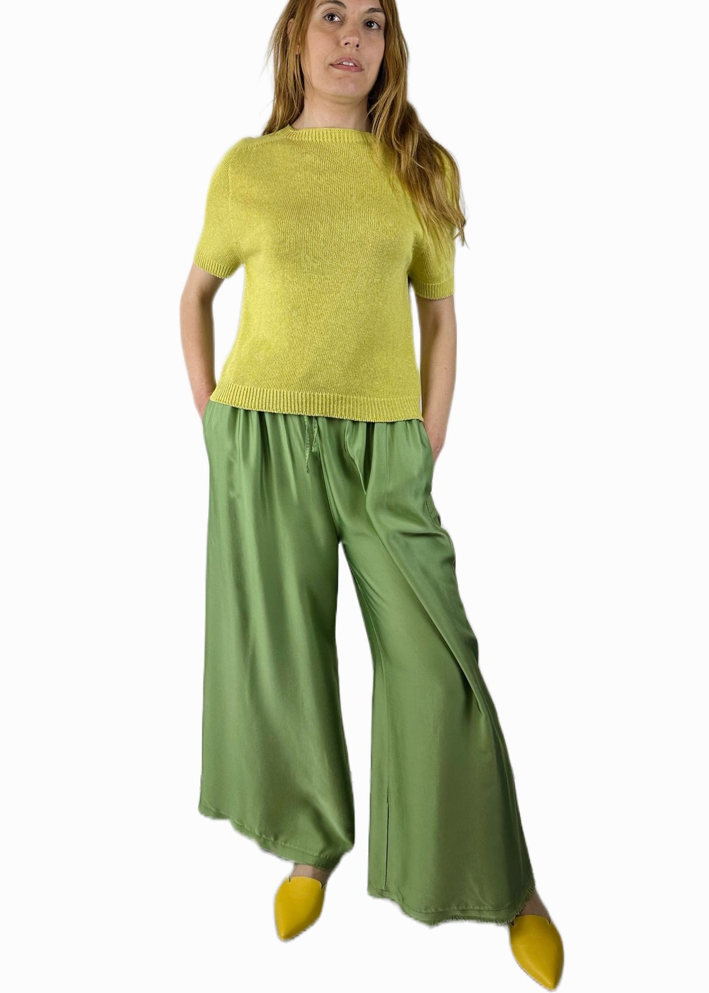 PANTALONE PALAZZO MISTO SETA VERDE BRILLANTE