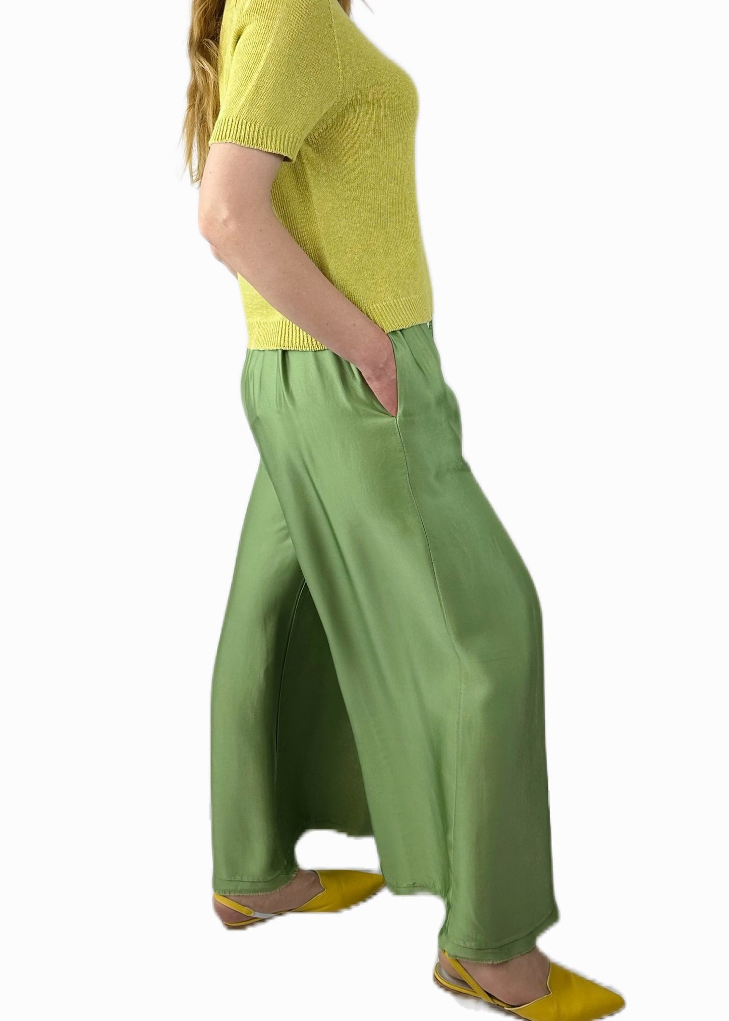 PANTALONE PALAZZO MISTO SETA VERDE BRILLANTE