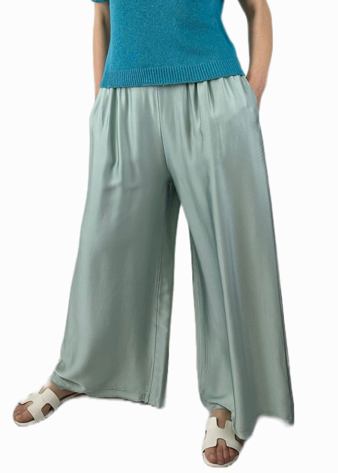 PANTALONE PALAZZO MISTO SETA VERDE ACQUA