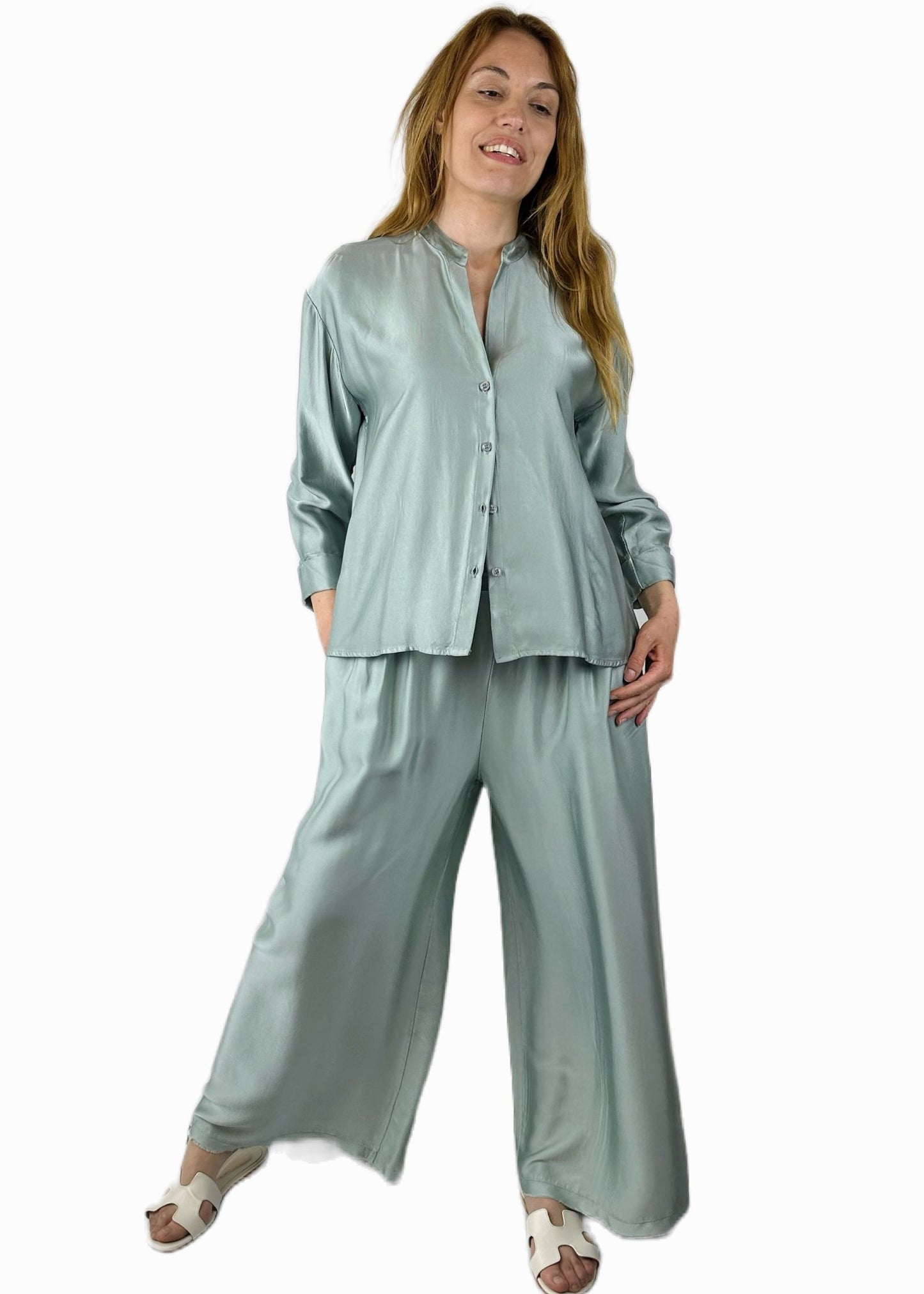 PANTALONE PALAZZO MISTO SETA VERDE ACQUA