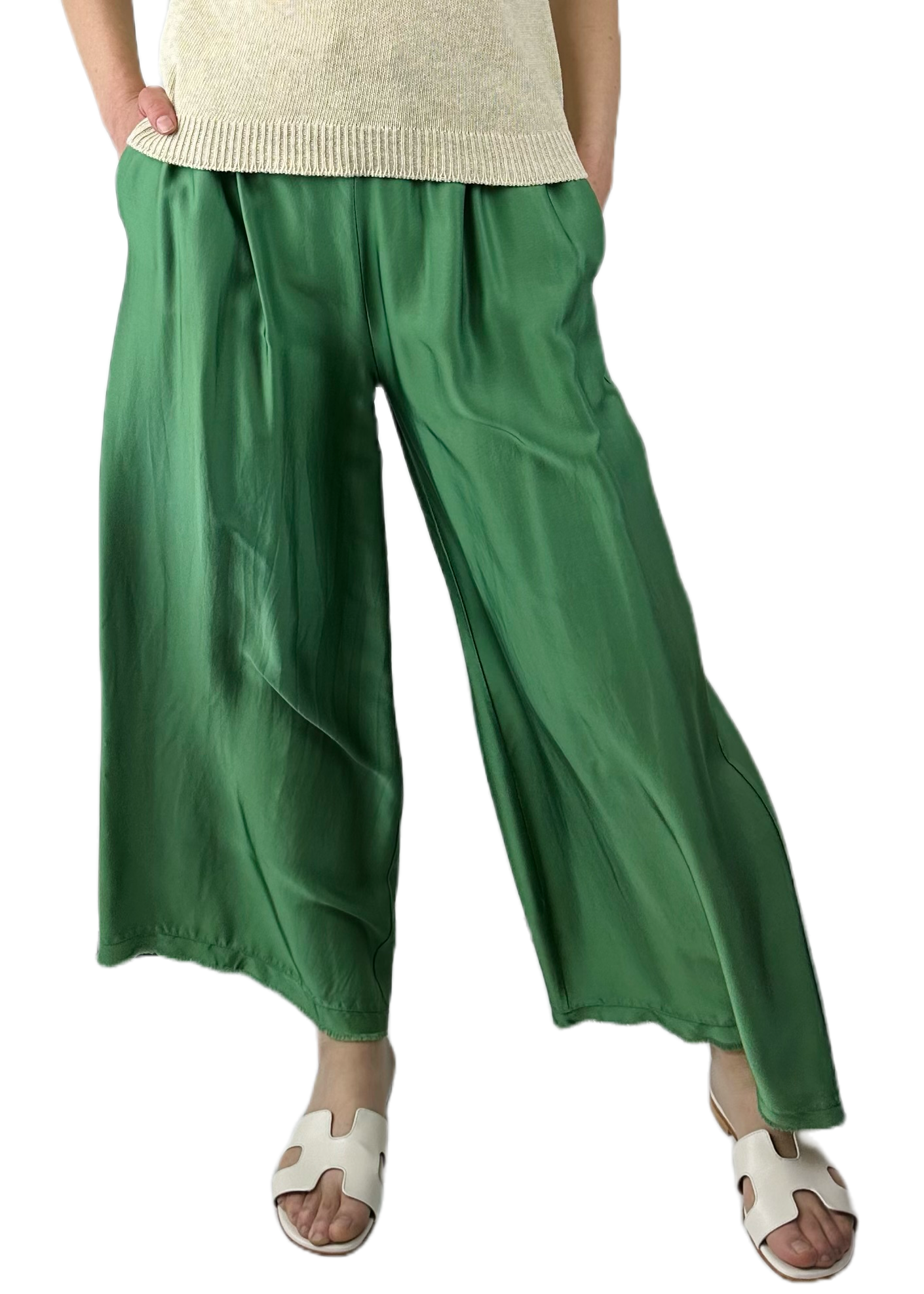 PANTALONI PALAZZO MISTO SETA VERDE SCURO