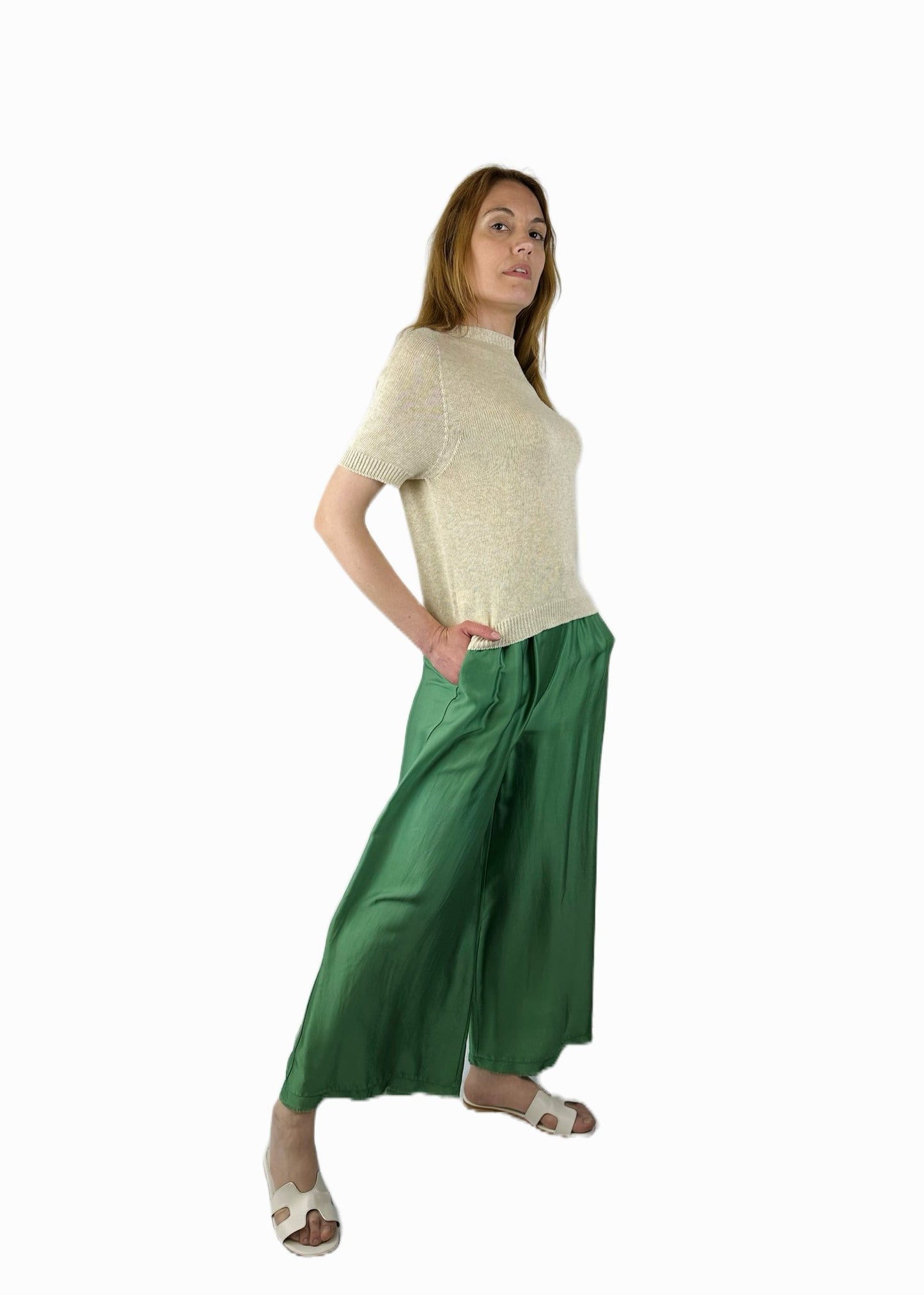 PANTALONI PALAZZO MISTO SETA VERDE SCURO