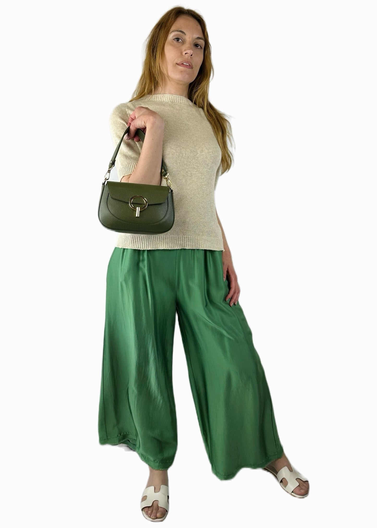 PANTALONI PALAZZO MISTO SETA VERDE SCURO