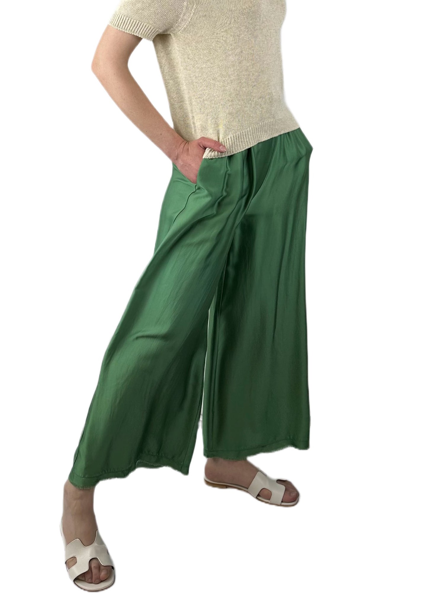 PANTALONI PALAZZO MISTO SETA VERDE SCURO